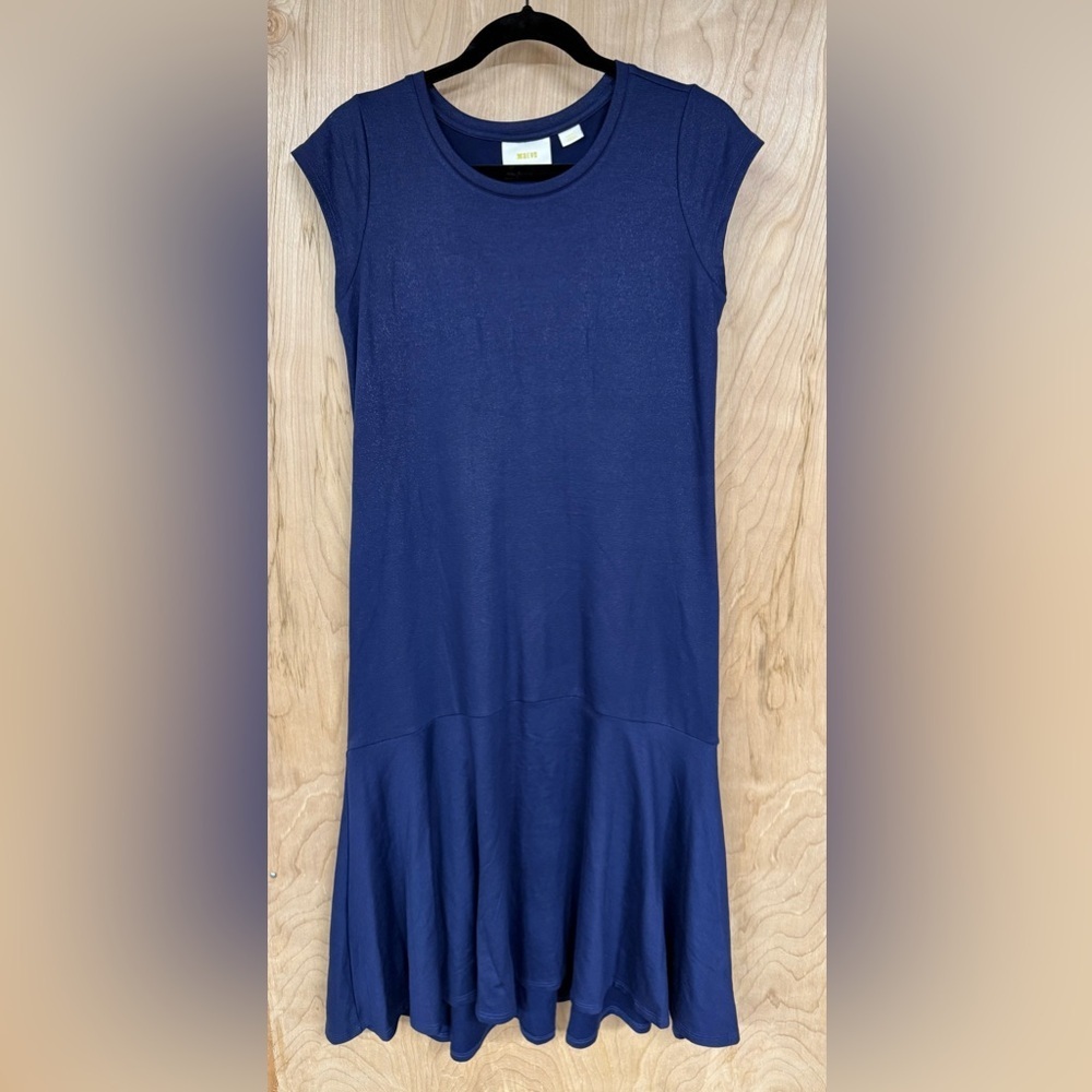 Maeve Anthropologie Ismene Navy Blue Metallic Cap Sleeve Drop Waist Midi Dress S - Picture 3 of 9